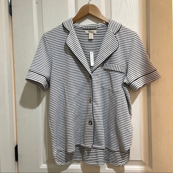NWT Madewell Striped Knit Button Down Top Size Medium Blue White Short Sleeve - Picture 6 of 6